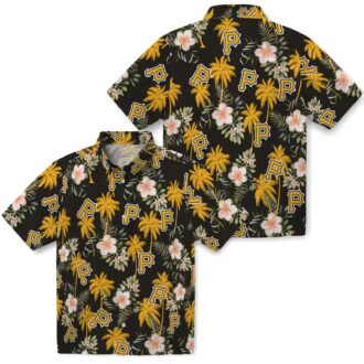 Pittsburgh Pirates Hawaiian Shirt Black with Palm Tree & Flower Design - MLB Summer Fashion