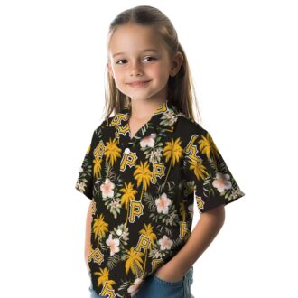 Pittsburgh Pirates Hawaiian Shirt Black with Palm Tree & Flower Design - MLB Summer Fashion
