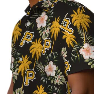 Pittsburgh Pirates Hawaiian Shirt Black with Palm Tree & Flower Design - MLB Summer Fashion