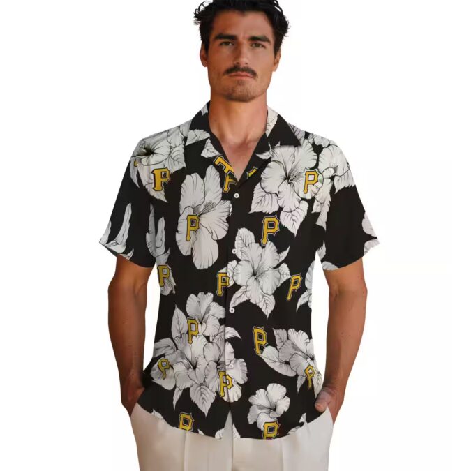 Pittsburgh Pirates Hibiscus Blooms Black White Hawaiian Shirt - MLB Team Beachwear for Fans