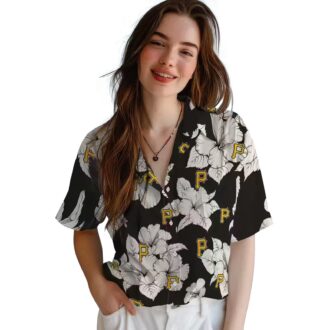 Pittsburgh Pirates Hibiscus Blooms Black White Hawaiian Shirt - MLB Team Beachwear for Fans