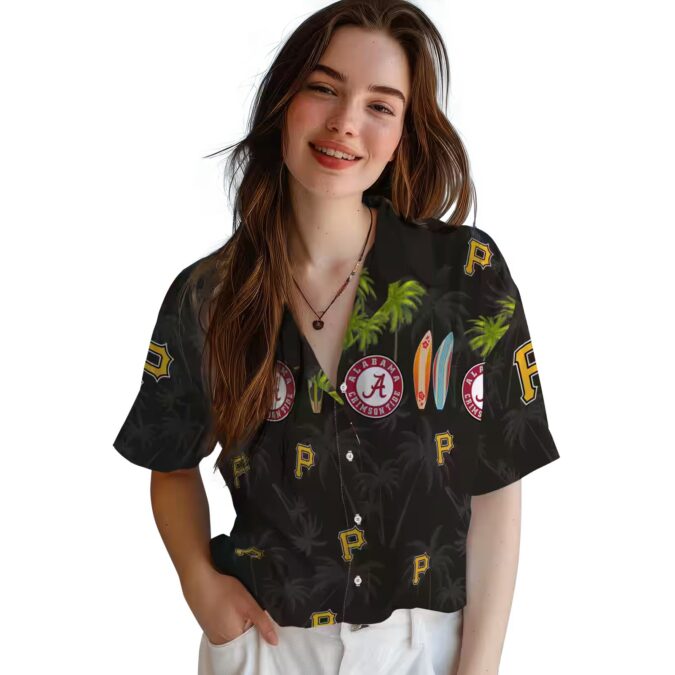 Pittsburgh Pirates Surfboard Palm Black Hawaiian Shirt - MLB Team Fan Apparel for Summer