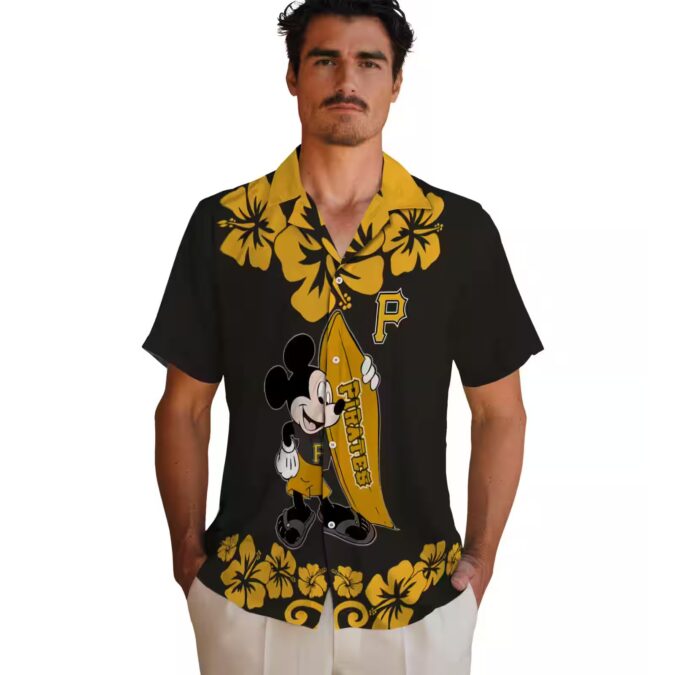 Pittsburgh Pirates Surfing Mickey Hawaiian Shirt - Black Tropical MLB Shirt for Summer BBQ