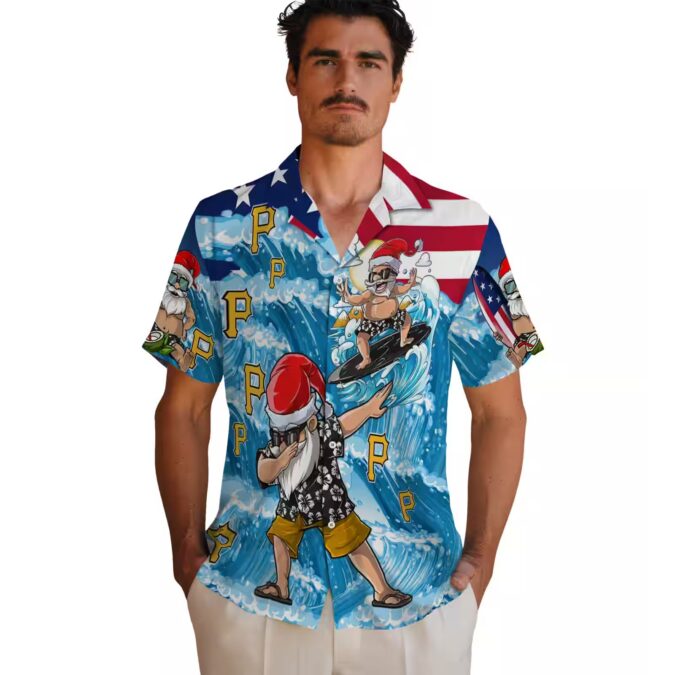 Pittsburgh Pirates Tropical Blue Surfing Santa Hawaiian Shirt - MLB Fans Summer Shirt