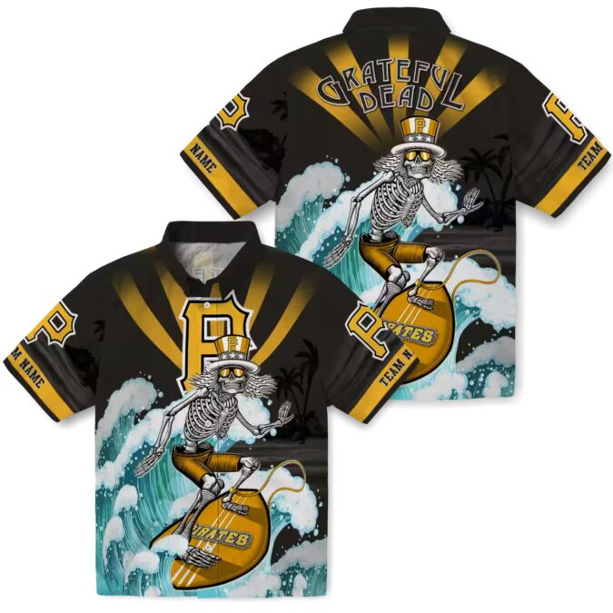 Surfing Skeleton Pittsburgh Pirates Shirt - Black Blue Tropical Hawaiian Fan Gift