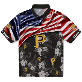 Tropical Pittsburgh Pirates Hawaiian Shirt - Custom Black Floral & USA Flag Baseball Gift