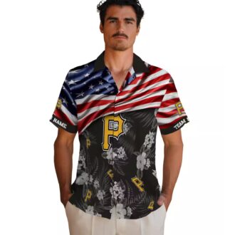 Tropical Pittsburgh Pirates Hawaiian Shirt - Custom Black Floral & USA Flag Baseball Gift
