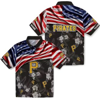 Tropical Pittsburgh Pirates Hawaiian Shirt - Custom Black Floral & USA Flag Baseball Gift