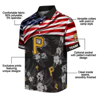 Tropical Pittsburgh Pirates Hawaiian Shirt - Custom Black Floral & USA Flag Baseball Gift