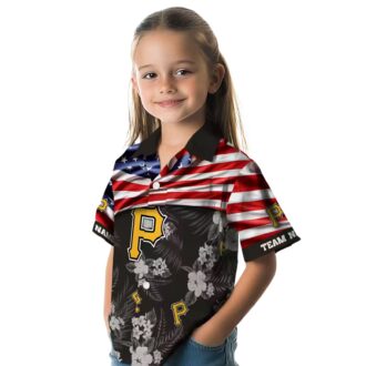 Tropical Pittsburgh Pirates Hawaiian Shirt - Custom Black Floral & USA Flag Baseball Gift