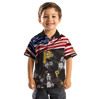 Tropical Pittsburgh Pirates Hawaiian Shirt - Custom Black Floral & USA Flag Baseball Gift