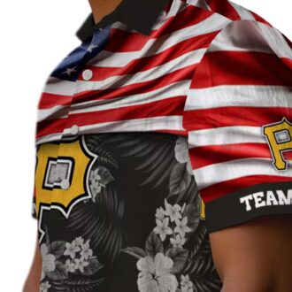 Tropical Pittsburgh Pirates Hawaiian Shirt - Custom Black Floral & USA Flag Baseball Gift