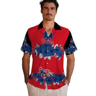Blue and Black Hibiscus Stripe Philadelphia Phillies Hawaiian Shirt - Ideal for Tailgates & Beach