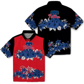 Blue and Black Hibiscus Stripe Philadelphia Phillies Hawaiian Shirt - Ideal for Tailgates & Beach