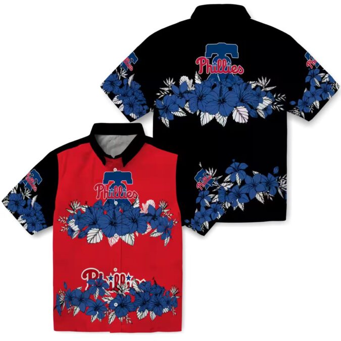 Blue and Black Hibiscus Stripe Philadelphia Phillies Hawaiian Shirt - Ideal for Tailgates & Beach