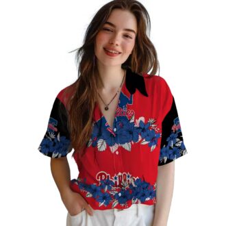 Blue and Black Hibiscus Stripe Philadelphia Phillies Hawaiian Shirt - Ideal for Tailgates & Beach