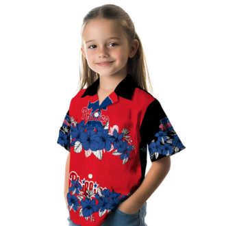 Blue and Black Hibiscus Stripe Philadelphia Phillies Hawaiian Shirt - Ideal for Tailgates & Beach