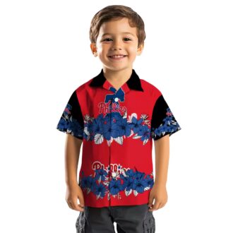 Blue and Black Hibiscus Stripe Philadelphia Phillies Hawaiian Shirt - Ideal for Tailgates & Beach