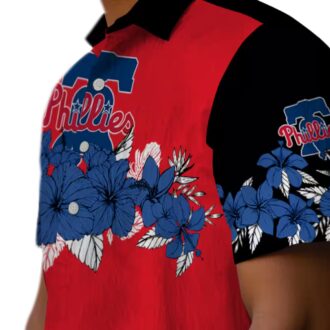 Blue and Black Hibiscus Stripe Philadelphia Phillies Hawaiian Shirt - Ideal for Tailgates & Beach