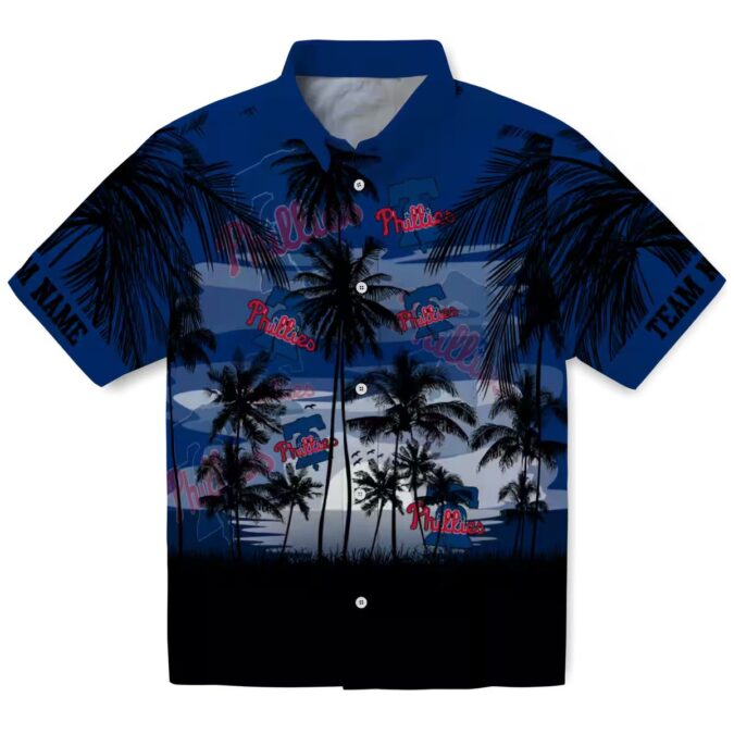 Custom Philadelphia Phillies Sunset Scene Hawaiian Shirt - Blue & Black MLB Tropical Shirt for Fans