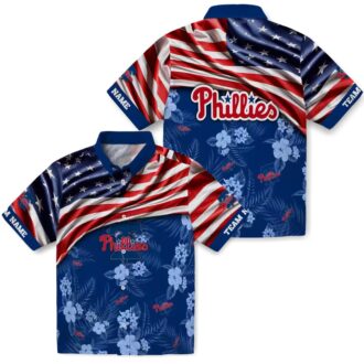 Custom Phillies Hawaiian Shirt Blue Hibiscus - 4th of July USA Flag Baseball Gift