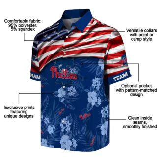 Custom Phillies Hawaiian Shirt Blue Hibiscus - 4th of July USA Flag Baseball Gift