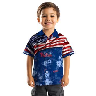 Custom Phillies Hawaiian Shirt Blue Hibiscus - 4th of July USA Flag Baseball Gift
