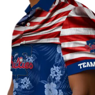 Custom Phillies Hawaiian Shirt Blue Hibiscus - 4th of July USA Flag Baseball Gift