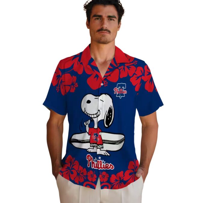 Exclusive Philadelphia Phillies Surf Hawaiian Shirt with Snoopy Design in Blue & White