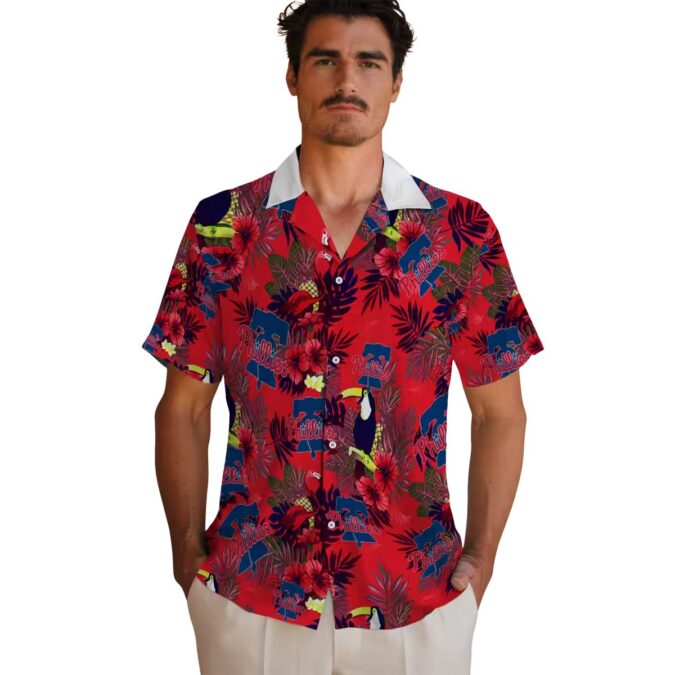 Floral Toucan Philadelphia Phillies Hawaiian Shirt in Blue & Red - MLB Team Shirt for Summer Fun