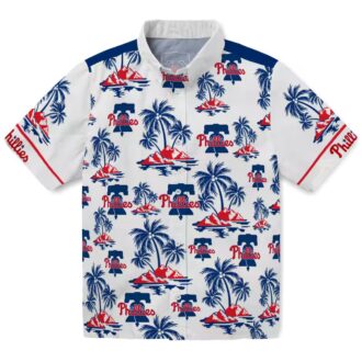 Men's Philadelphia Phillies Hawaiian Button-up Shirt - Palm Island Blue White Summer Fan Gear
