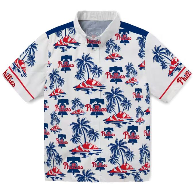 Men's Philadelphia Phillies Hawaiian Button-up Shirt - Palm Island Blue White Summer Fan Gear