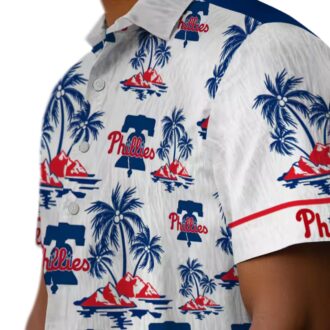 Men's Philadelphia Phillies Hawaiian Button-up Shirt - Palm Island Blue White Summer Fan Gear