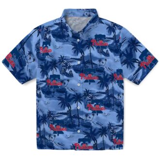Philadelphia Phillies Blue Hawaiian Shirt with Coastal Palms for Tailgate and Summer