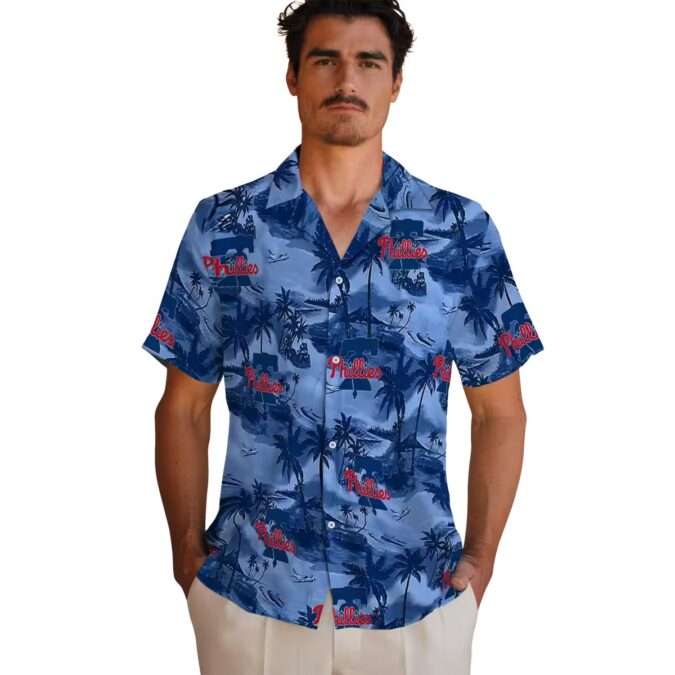 Philadelphia Phillies Blue Hawaiian Shirt with Coastal Palms for Tailgate and Summer