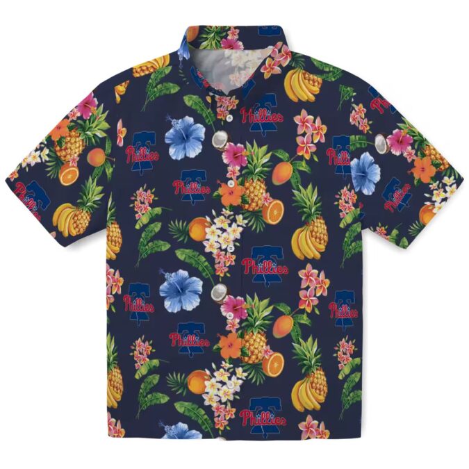 Philadelphia Phillies Navy Blue Tropical Hawaiian Shirt - Hibiscus & Fruit Pattern for Summer