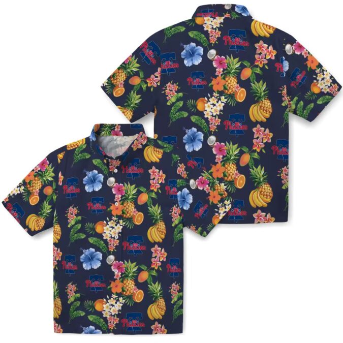 Philadelphia Phillies Navy Blue Tropical Hawaiian Shirt - Hibiscus & Fruit Pattern for Summer