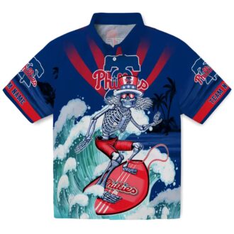 Philadelphia Phillies Surfing Skeleton Blue Hawaiian Shirt - Custom Beach Fan Gift