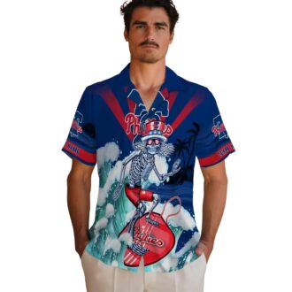 Philadelphia Phillies Surfing Skeleton Blue Hawaiian Shirt - Custom Beach Fan Gift