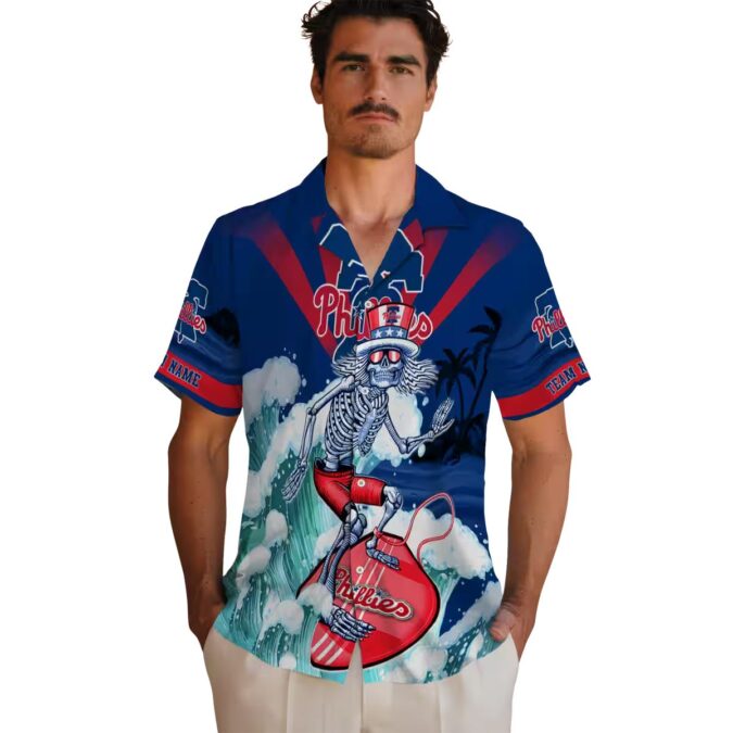 Philadelphia Phillies Surfing Skeleton Blue Hawaiian Shirt - Custom Beach Fan Gift