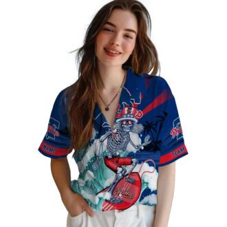Philadelphia Phillies Surfing Skeleton Blue Hawaiian Shirt - Custom Beach Fan Gift