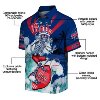 Philadelphia Phillies Surfing Skeleton Blue Hawaiian Shirt - Custom Beach Fan Gift