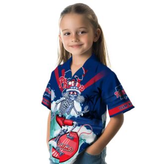 Philadelphia Phillies Surfing Skeleton Blue Hawaiian Shirt - Custom Beach Fan Gift