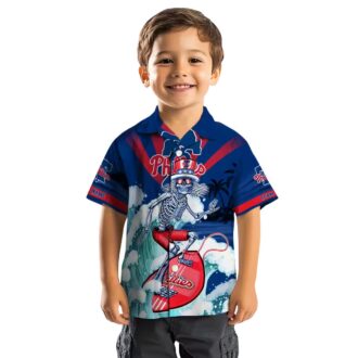 Philadelphia Phillies Surfing Skeleton Blue Hawaiian Shirt - Custom Beach Fan Gift