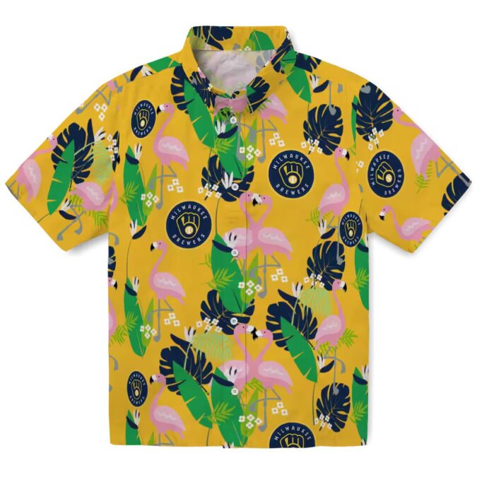 Best Milwaukee Brewers Aloha Hawaiian Shirt - Navy Green Flamingo Summer Button-Up