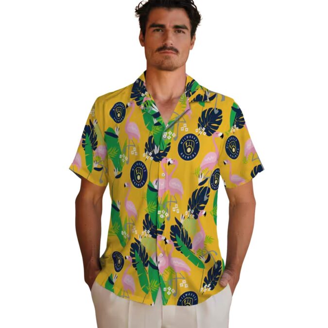 Best Milwaukee Brewers Aloha Hawaiian Shirt - Navy Green Flamingo Summer Button-Up