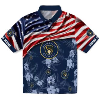Custom Milwaukee Brewers Aloha Shirt - US Flag Navy Blue Floral Hawaiian Shirt for MLB Fans
