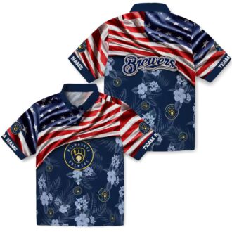 Custom Milwaukee Brewers Aloha Shirt - US Flag Navy Blue Floral Hawaiian Shirt for MLB Fans