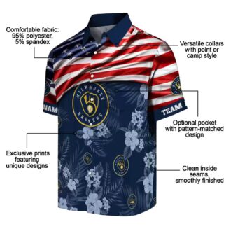 Custom Milwaukee Brewers Aloha Shirt - US Flag Navy Blue Floral Hawaiian Shirt for MLB Fans
