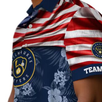 Custom Milwaukee Brewers Aloha Shirt - US Flag Navy Blue Floral Hawaiian Shirt for MLB Fans